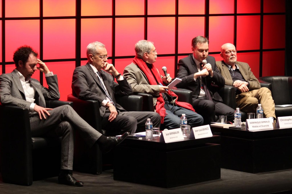 De gauche à droite : Jean Birnbaum, Jean-Louis Bianco, Dominique Gerbaud, Christophe Habas, Jean-François Kahn. Crédit photo : Noémie Lair